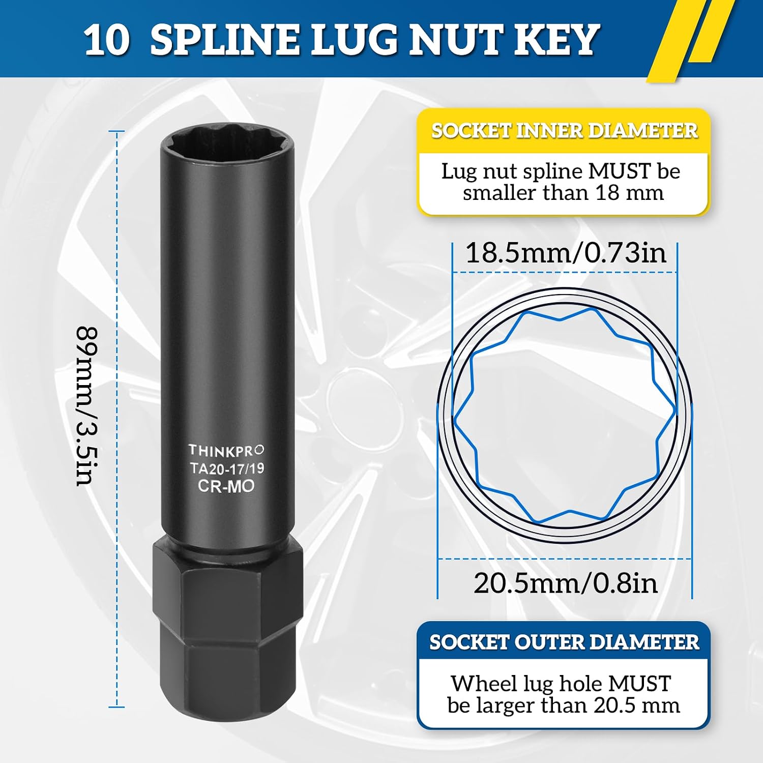 10 Spline Lug Nut Key,10 spline lug nut socket TA20-17/19 | 10 Point Lug Nut Key Compatible with Bimecc TA 20 10-Spline Lug Nuts and Bolts, 17/19mm Hex Drive