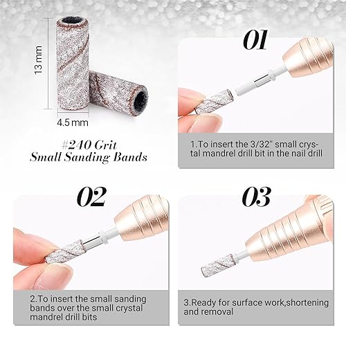 Miniatura 6 de MelodySusie 50 brocas de uñas pequeñas bandas de lijado con broca de mandril de 0.122 in, lima de uñas de grano fino extremo para uñas acrílicas,
