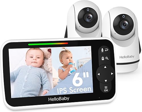 HelloBaby Monitor de video para bebés con pantalla grande IPS mejorada de 6 pulgadas, pantalla dividida con 2 cámaras, visión nocturna y monitoreo