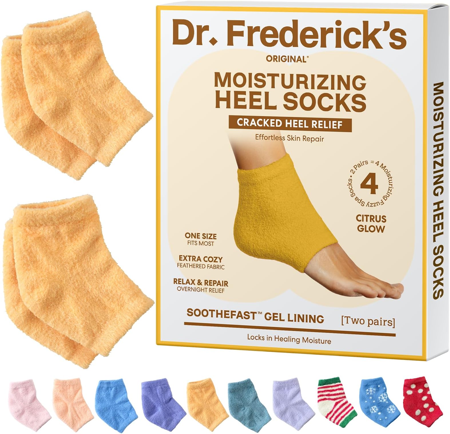 Dr. Frederick’s Original Moisturizing Fuzzy Heel Socks - Cozy Gel-Lined Socks for Dry Cracked Heels - 2 Pairs - Overnight Foot Care with Olive Oil, Vitamin E - Gifts for Women & Men - Citrus Glow