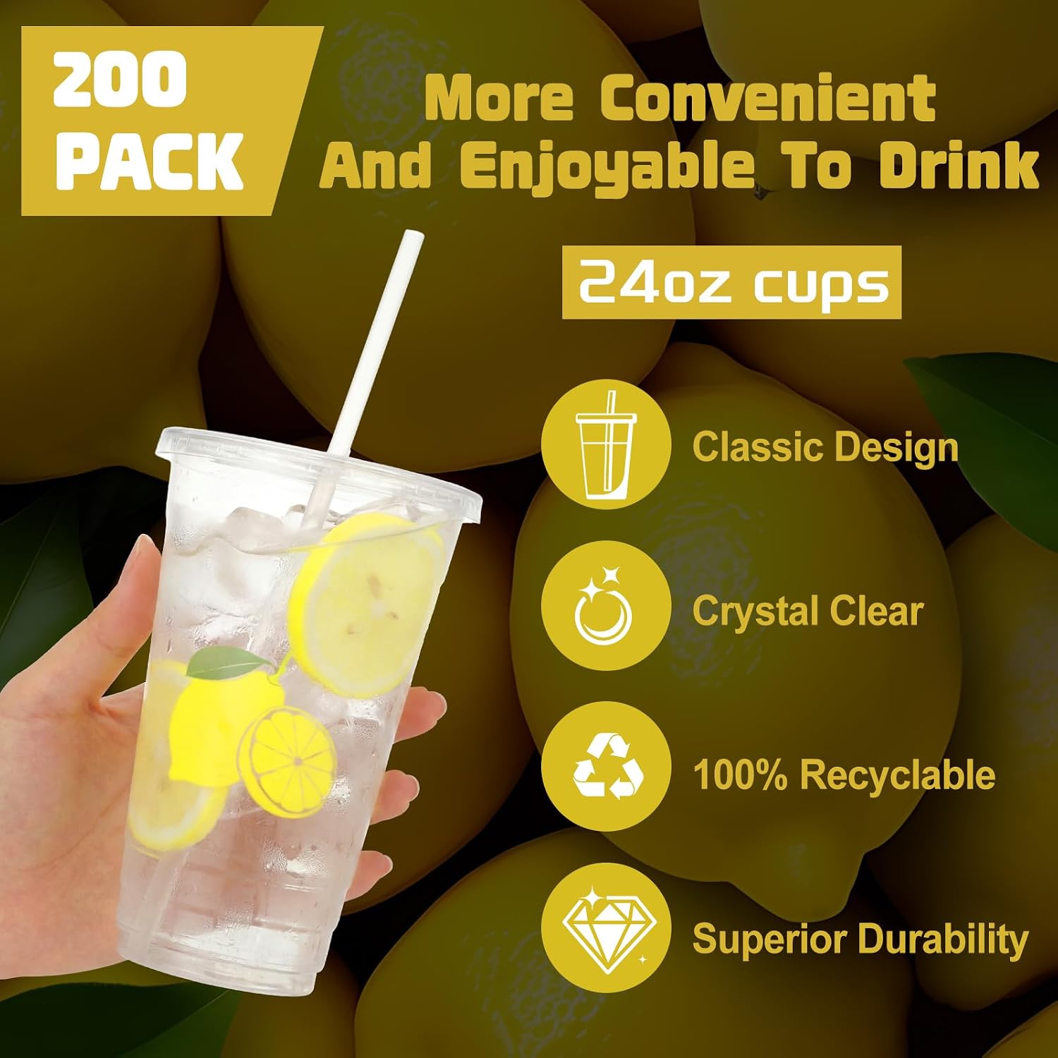 Jingmore 200 Sets 24 oz Lemonade Disposable Plastic Cups with Lids and Straws Lemon Stand Supplies Bulk Big Yellow Lemon Cold Beverage Drinking Cups Bulk for Summer Fruit Party Birthday Supplies