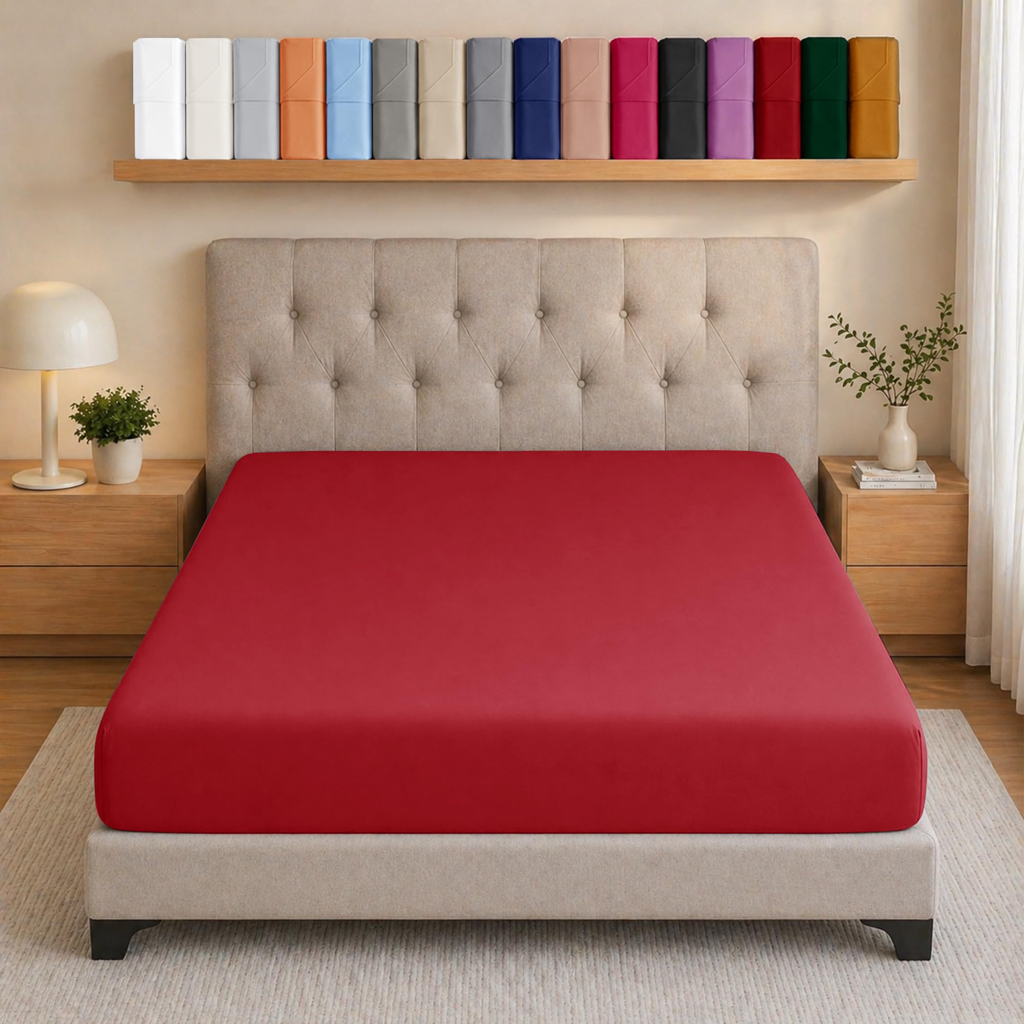 Ameha Red Fitted Bed Sheets Double Deep Pocket Up To 25 Cm Bedsheets Ultra Soft Brushed Microfiber Elasticated Corners Bottom Sheet Shrinkage And Fade Resistant