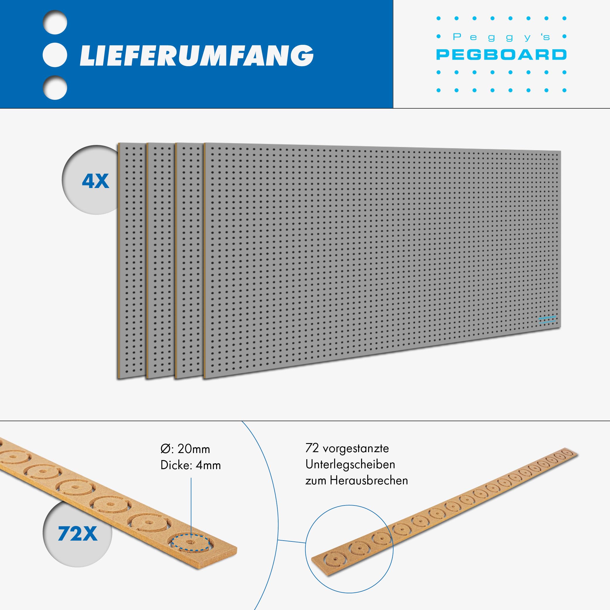 Pegboard Midi 4 St. Werkzeugwand aus Holz (MDF) 99 x 58,5 x 0,4 cm - Lochung Ø5 mm Lochabstand 15 mm - grau lackiert - Made in Germany