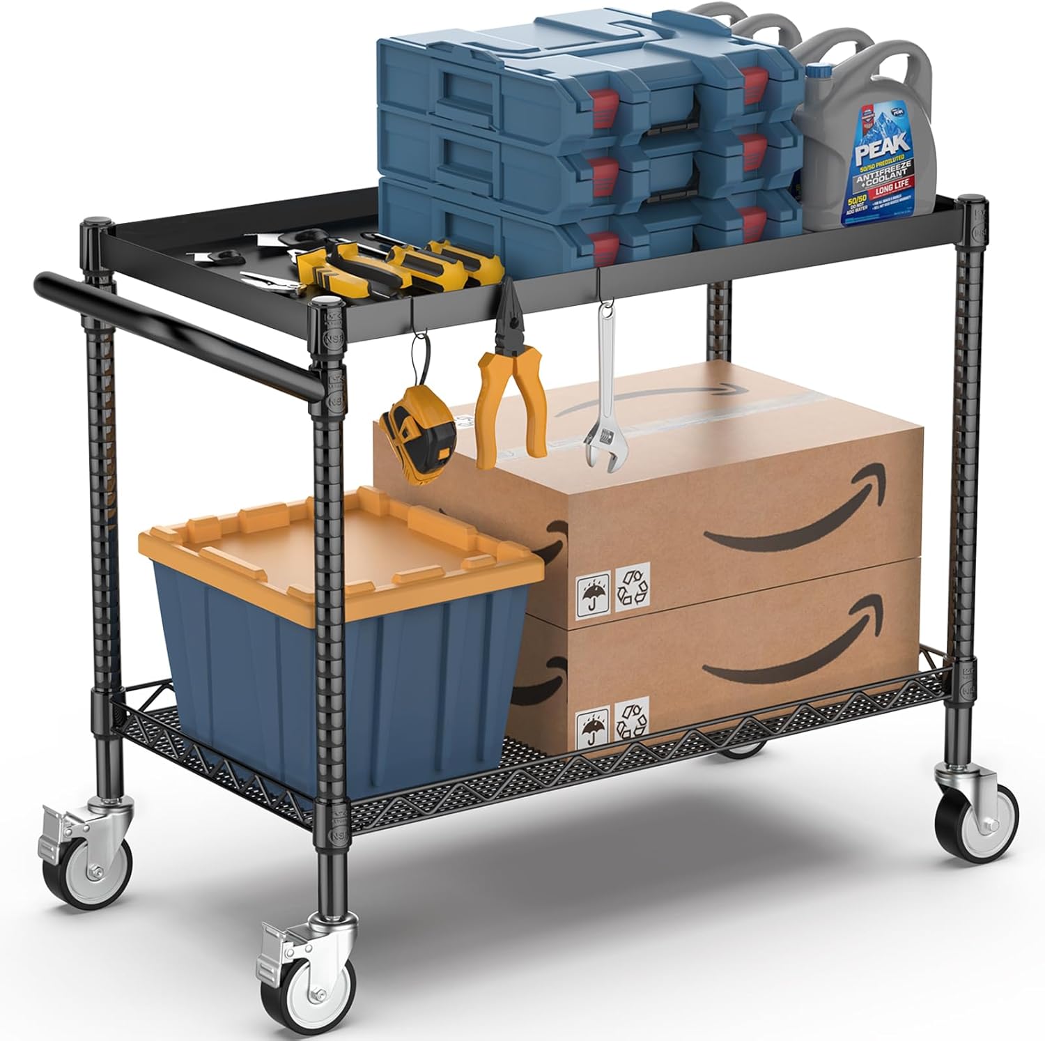 Leteuke 2 Tier Utility Tool Cart with Wheels, Heavy Duty Rolling Utility Carts with Handle, Commercial Grade Metal Serving Storage Cart for Warehouse Garage Kitchen, 25" D x 38.98" W x 40" H-Black