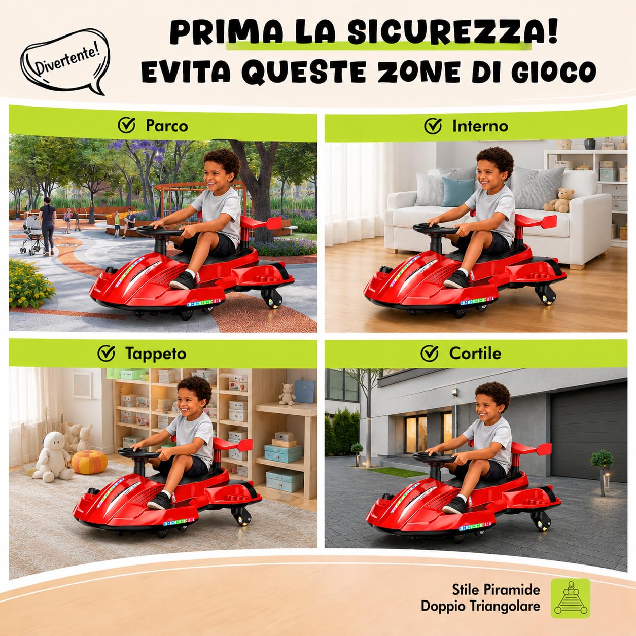 Auto Elettrica Bambini 12V Macchina Vorticar Piroettante 2 in 1 con Sterzo 360° Effetto Fumo Musica Luci LED Pedale Cavalcabile Antiribaltamento per Bambini 3-8 Anni fino a 50 Kg Rosso