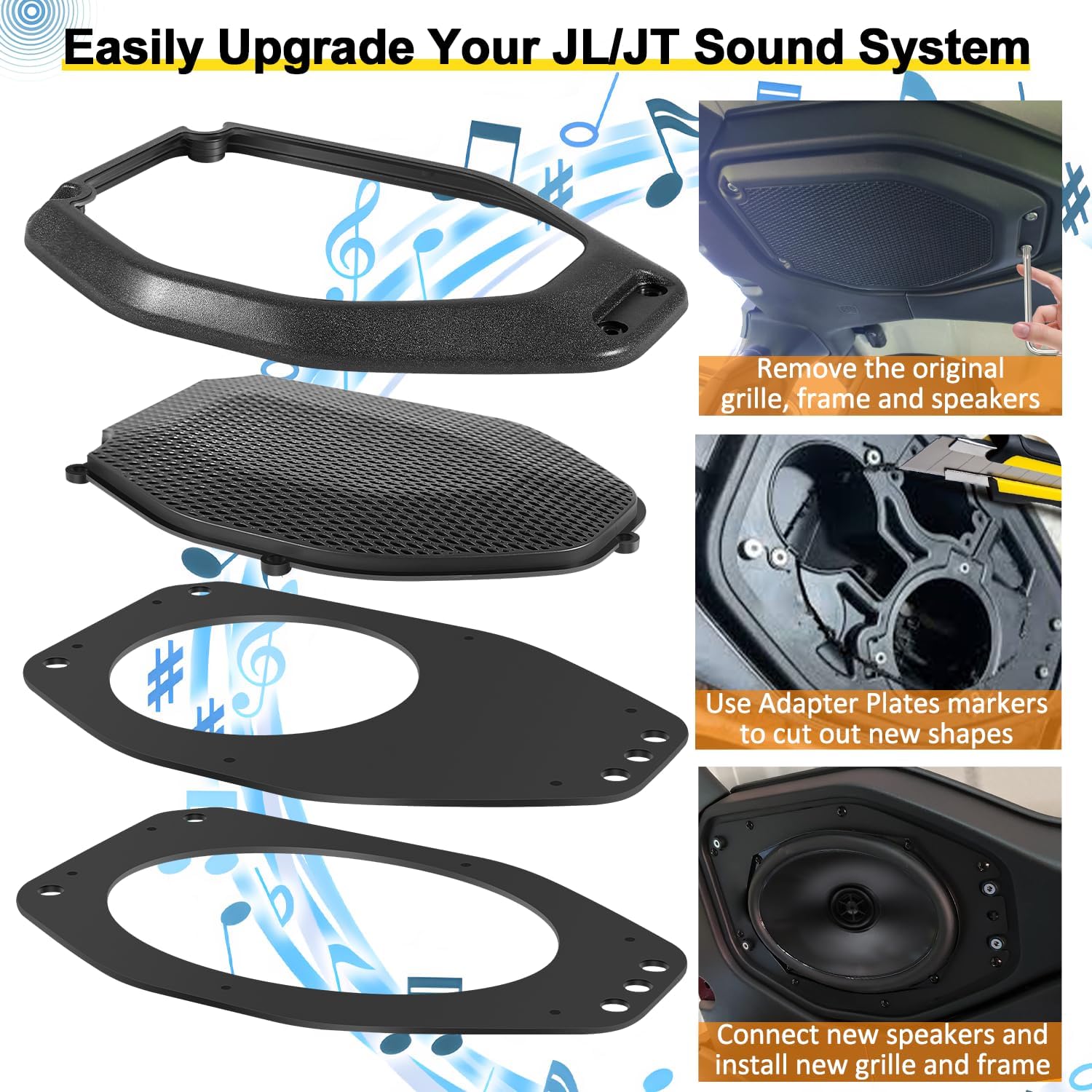 LAIKOU Upgrade 6.5" / 6" x 9" Sound Bar Speaker Pod Adapters with Tweeter Adapters Fit for Jeep Wrangler JL JLU 2018-2023 & Gladiator JT 2020-2023 Top Roof Left & Right Rear Speakers Tuned