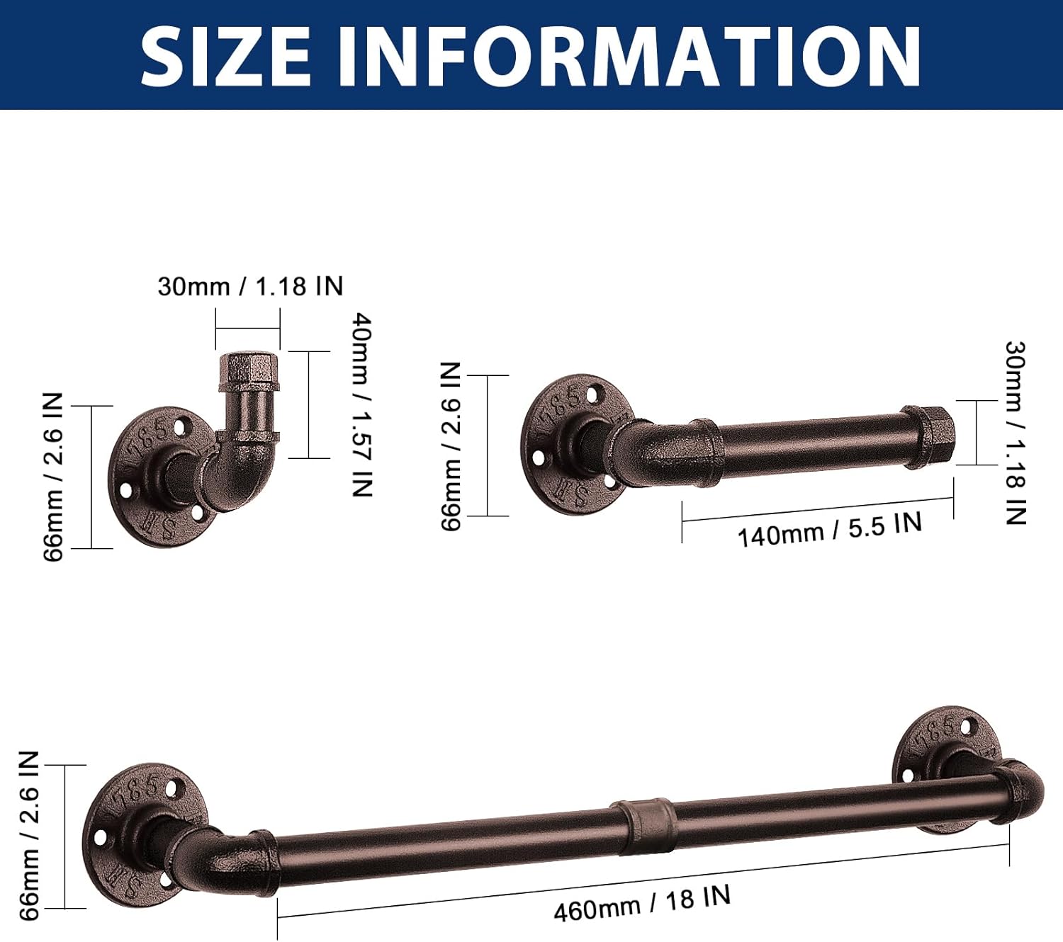 NearMoon 5-Pieces Industrial Pipe Bathroom Hardware Set, Include 18 Inch Towel Bar, Toilet Paper Holder and 3 Robe Hooks, Heavy Duty DIY Style Wall Mounted Rustic Decor Accessories Kit (Bronze)