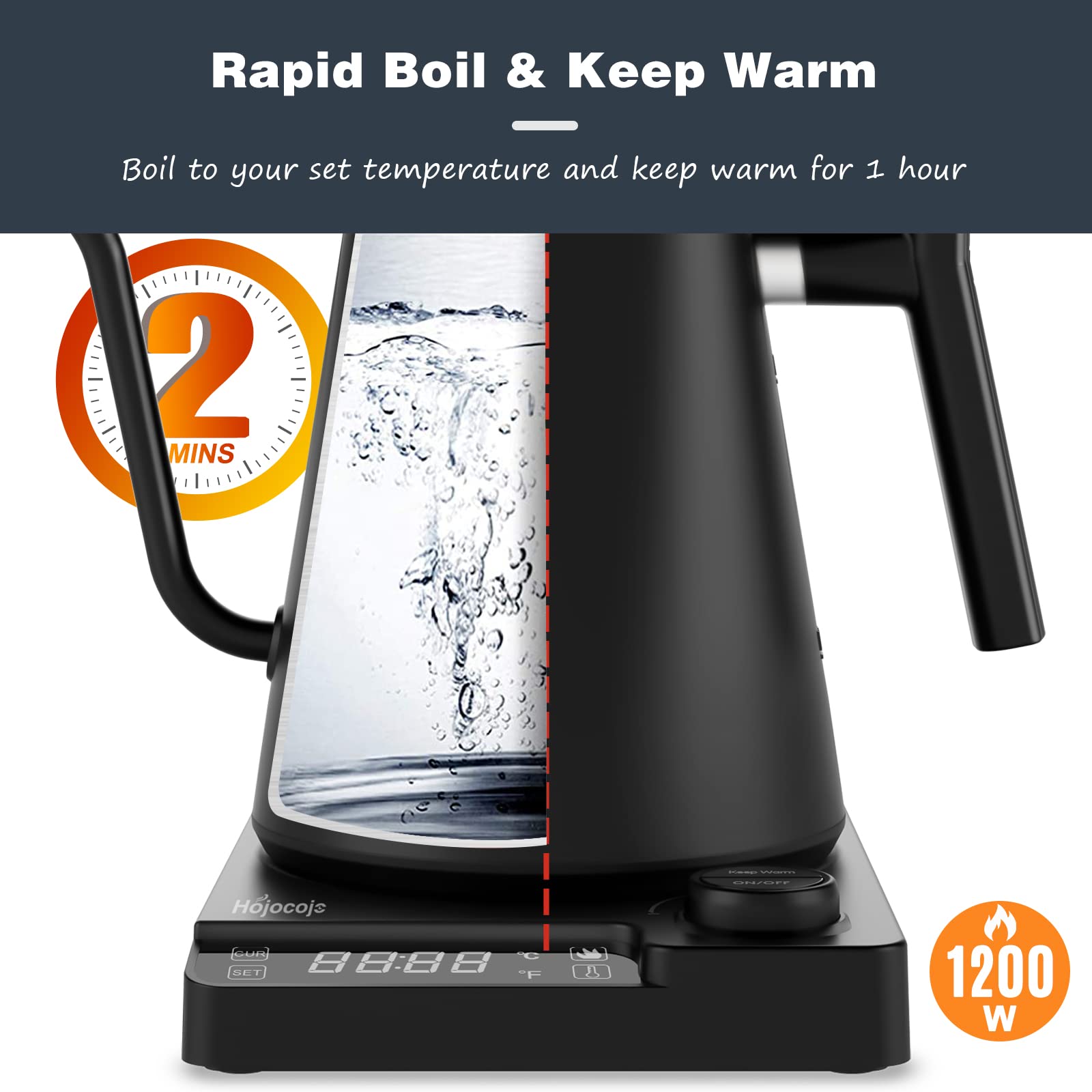 Wasserkocher mit Temperatureinstellung,Edelstahl Schwanenhals Wasserkocher,24h Warmhaltefunktion,Teekocher Elektrisch mit Temperaturanzeige,Coffee Kettle,1L,1200W,Schwarz