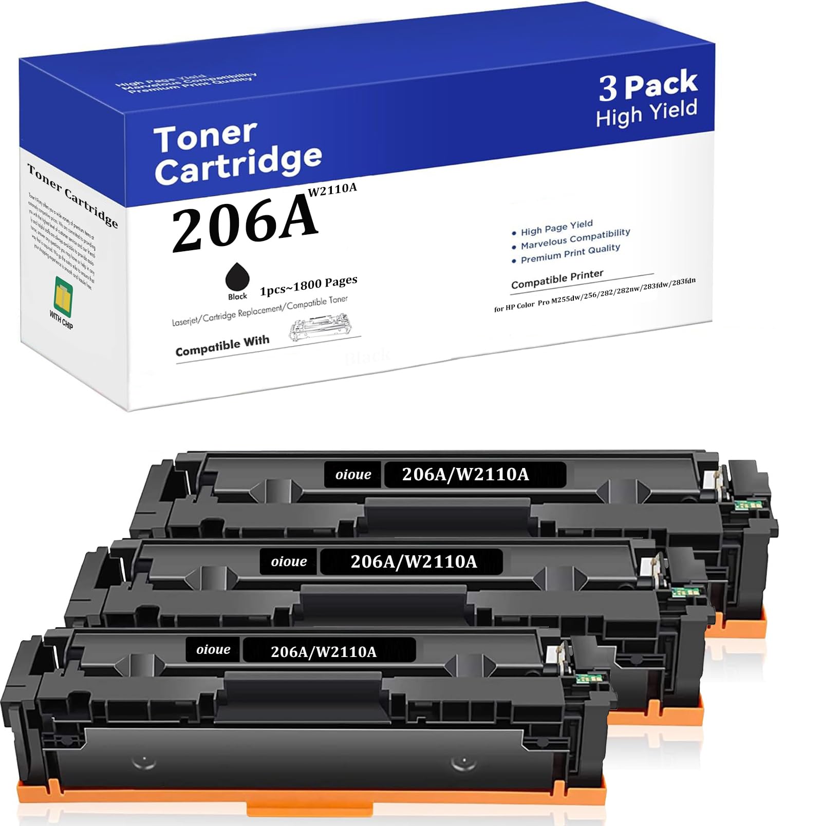Toner compatible HP 206A noir W2110A grand rendement 1800 pages lot de 3