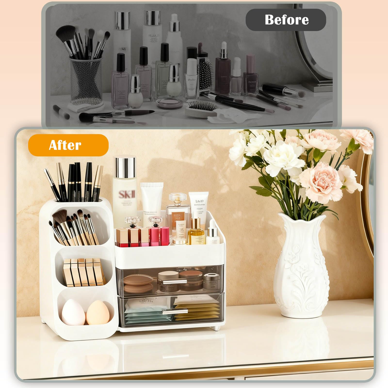 Make-up-Organizer mit Pinselhalter für Schminktisch, geräumige Kosmetikvitrine mit 2 Schubladen, der perfekte Badezimmer-Organizer für Beauty-Essentials, Hautpflege, Lippenstifte
