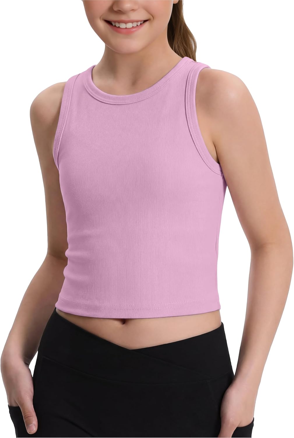 Poroka Girls Tank Tops Kids Athletic Sleeveless Crew Neck Ribbed Knit Casual Workout Crop Tops 5-14Y
