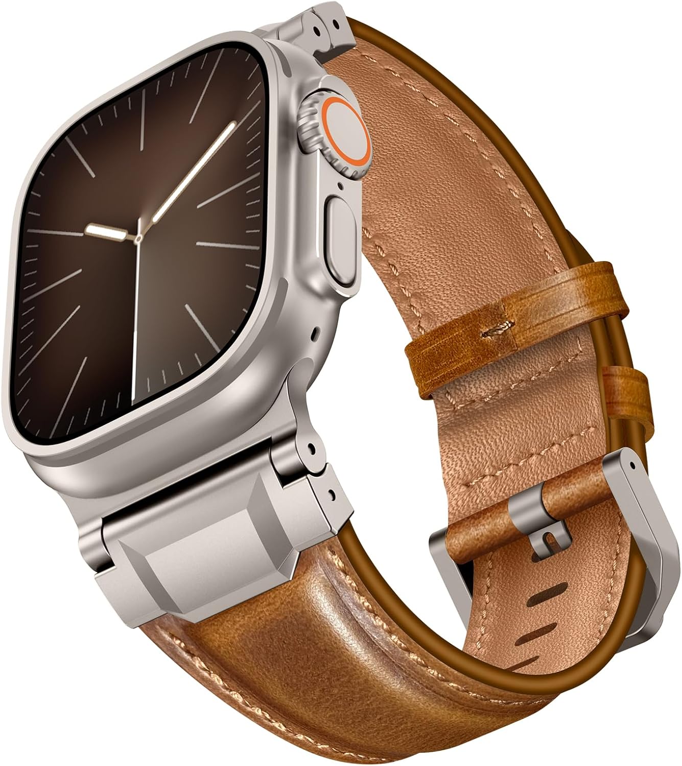Leather Bands Compatible with Apple Watch Ultra 3/2/1 Band 49mm 46mm 45mm 44mm 42mm, Genuine Leather Metal Connector Strap for iWatch Ultra Series 11/10/9/8/7/SE/6/5/4/3/2/1, Brown/Titanium - Amazon product rated Grade B