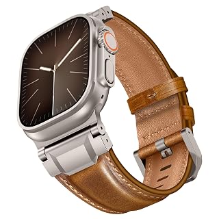 Leather Bands Compatible with Apple Watch Ultra 3/2/1 Band 49mm 46mm 45mm 44mm 42mm, Genuine Leather Metal Connector Strap for iWatch Ultra Series 11/10/9/8/7/SE/6/5/4/3/2/1, Brown/Titanium - Amazon product rated Grade A
