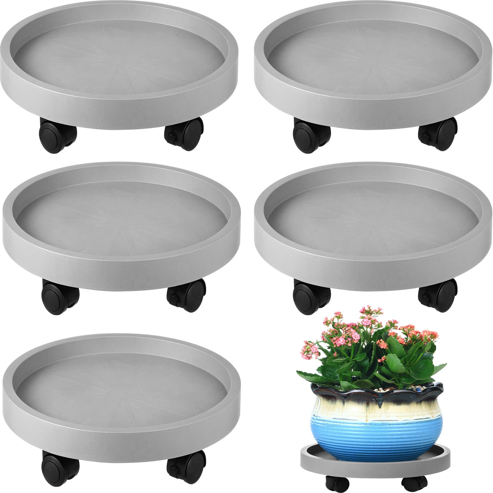 5 Pack Plant Caddy with Wheels Rolling Plant Stand with Wheels 10 Inch Plant Dolly Heavy Duty Large Potted Plant Mover with Casters for Indoor and Outdoor, Grey
