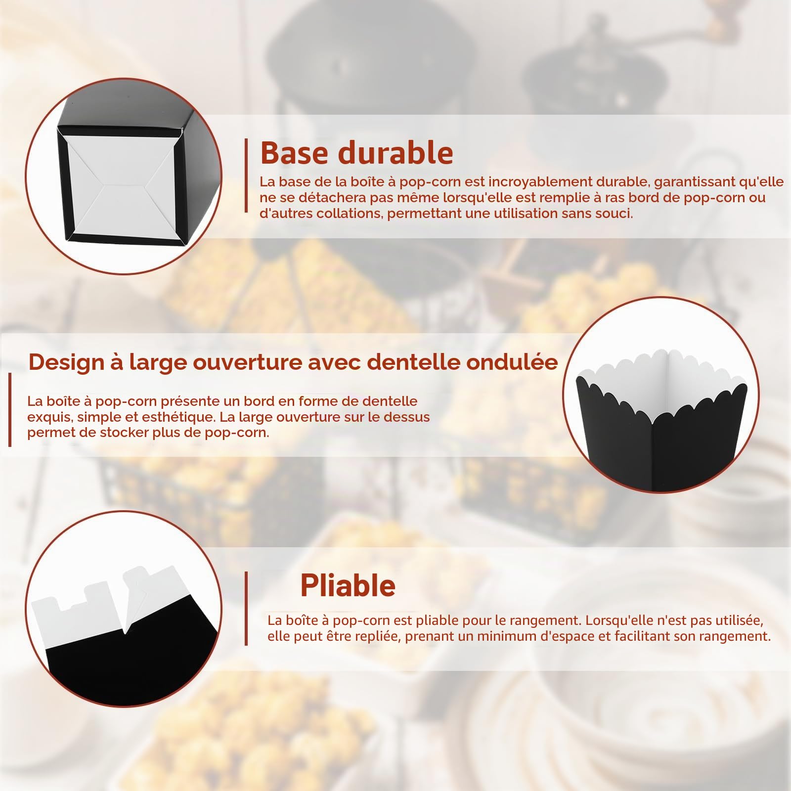 YAYODS Lot de 100 Gobelet Popcorn Noir 10,7x7,5x5,5 cm - Boîte Popcorn en Carton Alimentaire - Sachet Popcorn Individuel Pliable pour Snack, Soirée Cinéma, Anniversaire et Fête