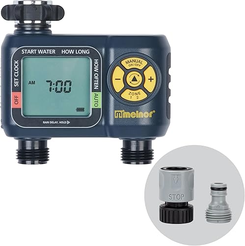 Melnor 65139AMZ AquaTimer Temporizador digital de manguera, temporizador de riego programable de 2 zonas, paquete de conexión rápida, negro, amarillo