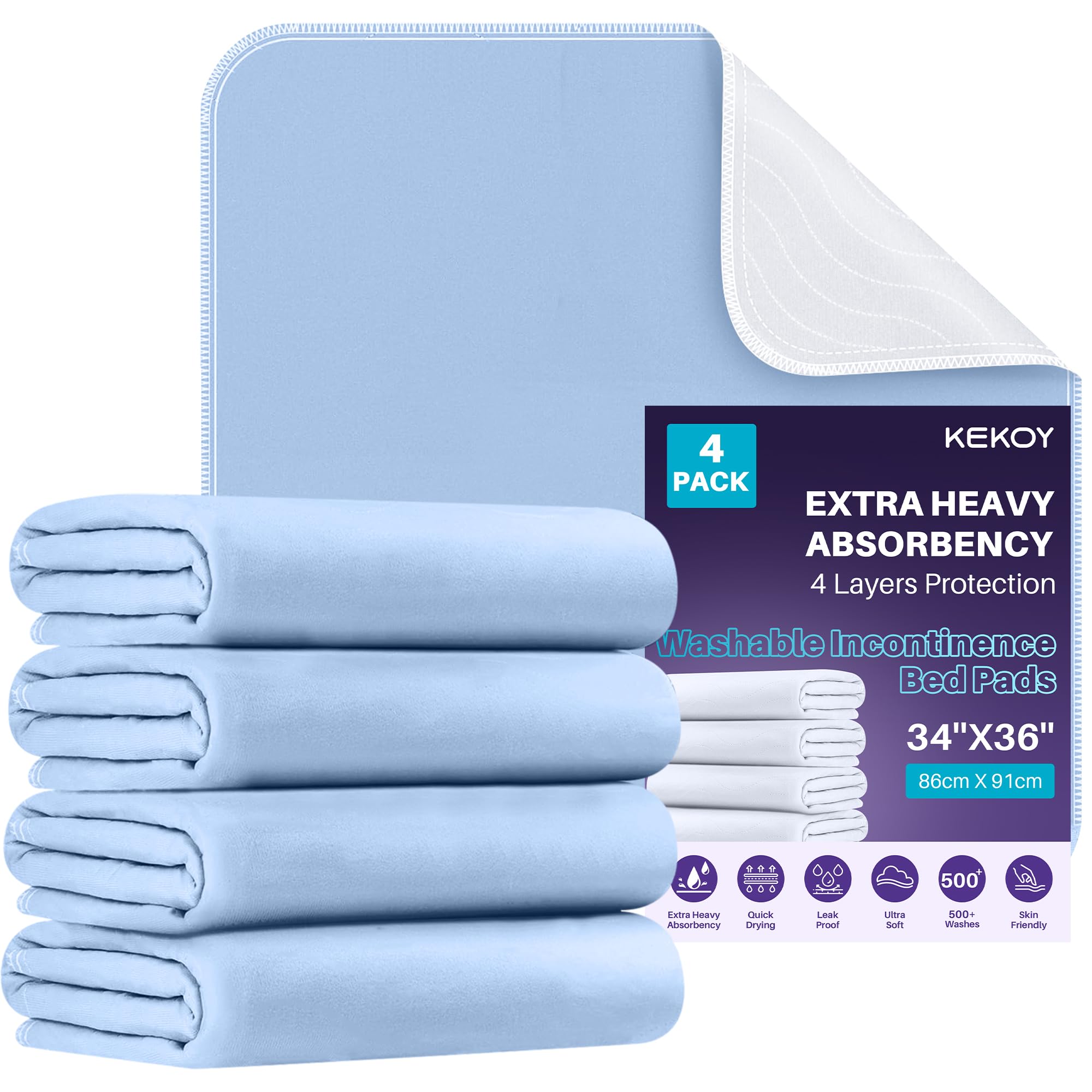 Kekoy 4-Stück betteinlagen inkontinenz waschbar 86x91 cm (4-Schicht, Wiederverwendbar): Fungiert als Bettnässchutzmatratze, Toilettentrainingsmatte – Für Ältere, Erwachsene