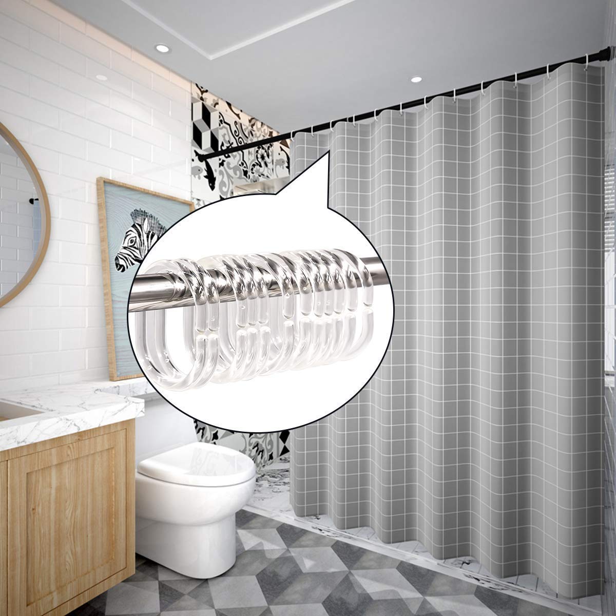 12 Anneaux Rideau Douche Acier Inoxydable - Système Coulissant Silencieux - Noir Antirouille