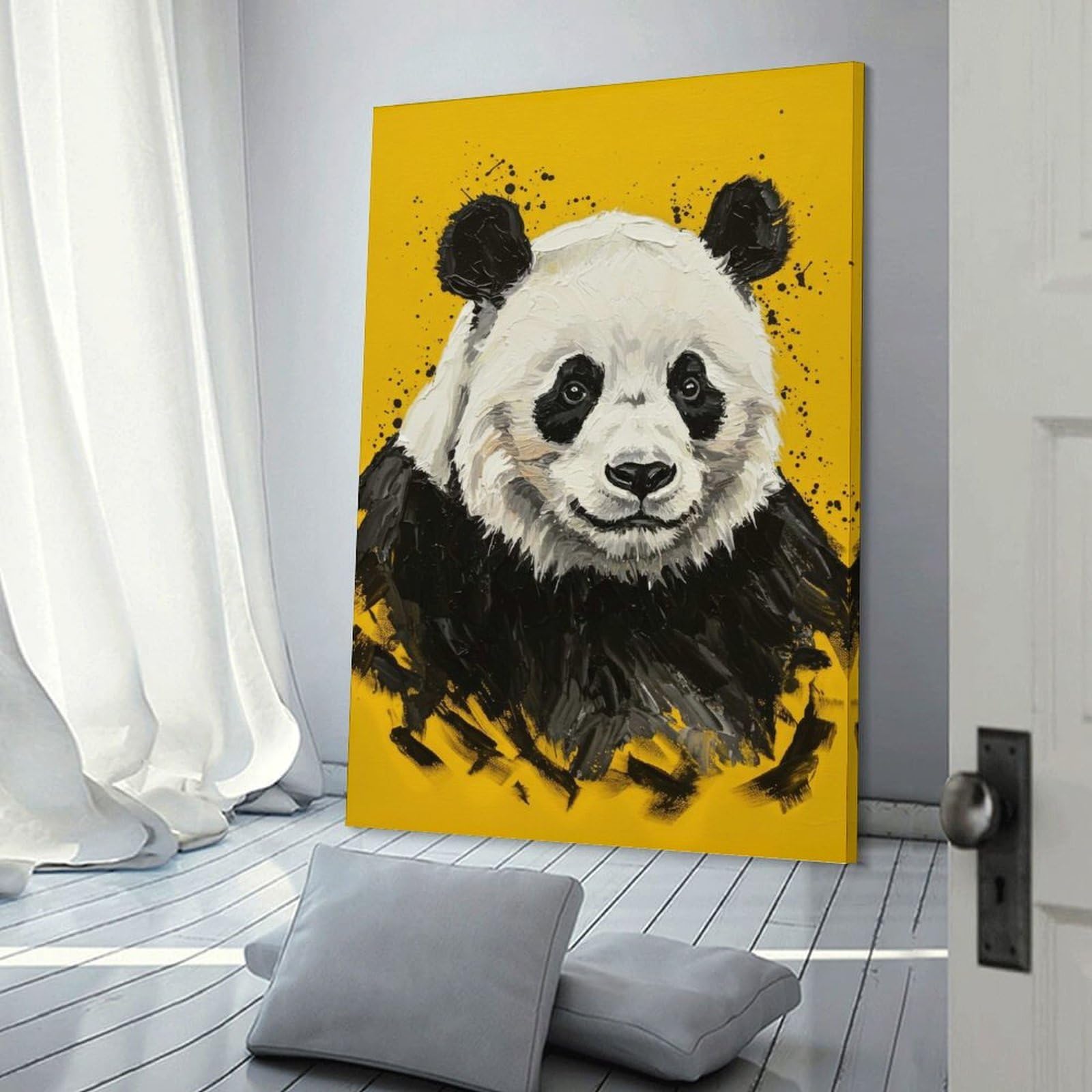 Junmoney Frame-Style-24 Panda Portrait On Yellow Background Canvas Wall Decor, 20X30inch(50X75cm), For Wall Displays, Bedrooms Or Room Updates, Wall Decor Suited To Curated Displays