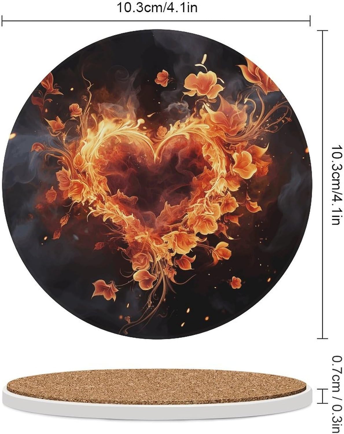 6PCS Fire Flowers and Heart Coasters Non-Slip Round Drink Coasters with Ceramic Stone and Cork Base, Heat Resistant Absorbent 33.00Stone Coaster Set for Kinds of Mugs and Cups, 4 Inch