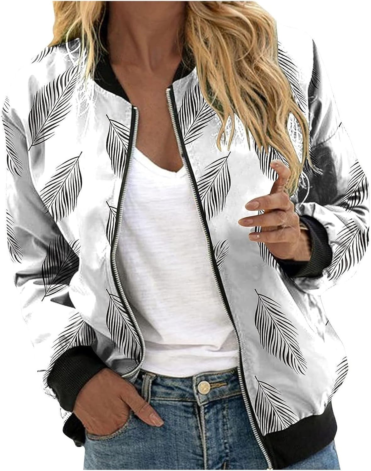 HipGlamp Women's Floral Print Bomber Jacket Casual Vintage Zip Coat Lightweight Long Sleeve Outwear Tops Windbreaker