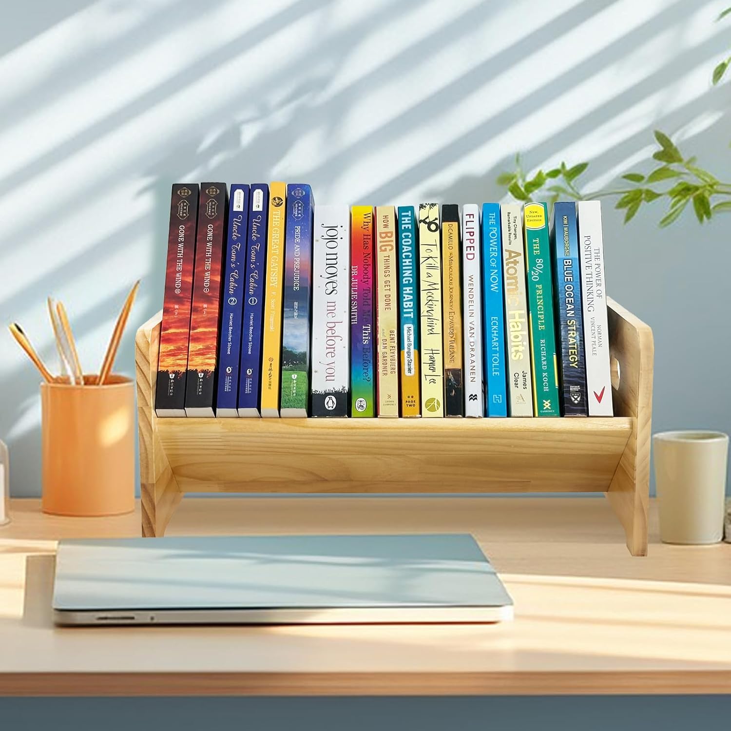 Desktop Bookshelf Organizer, Wood Office Tabletop Book Storage Rack, Tilting Bookcase for Books/Magazine Display,Small Desktop Bookshelf,Desk Shelf