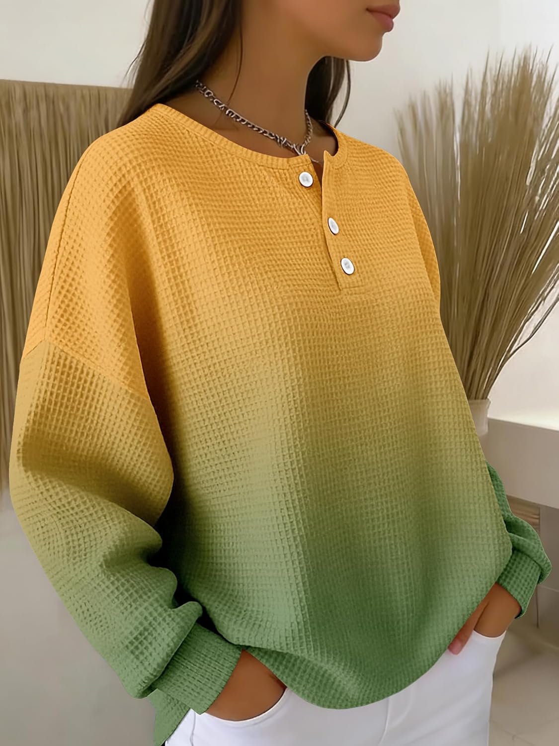 Women's Ombre Waffle Knit Sweater V-Neck Long Sleeve Pullover Gradient Color Fade Loose Fit Casual Top - Image 4