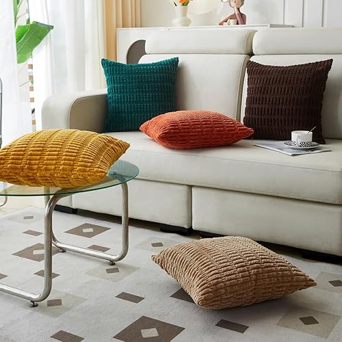 Miniatura 95 de Sunday Praise Paquete de 2 fundas de almohada decorativas de pana de 18 x 18 pulgadas, fundas de almohada cuadradas de rayas bohemias suaves