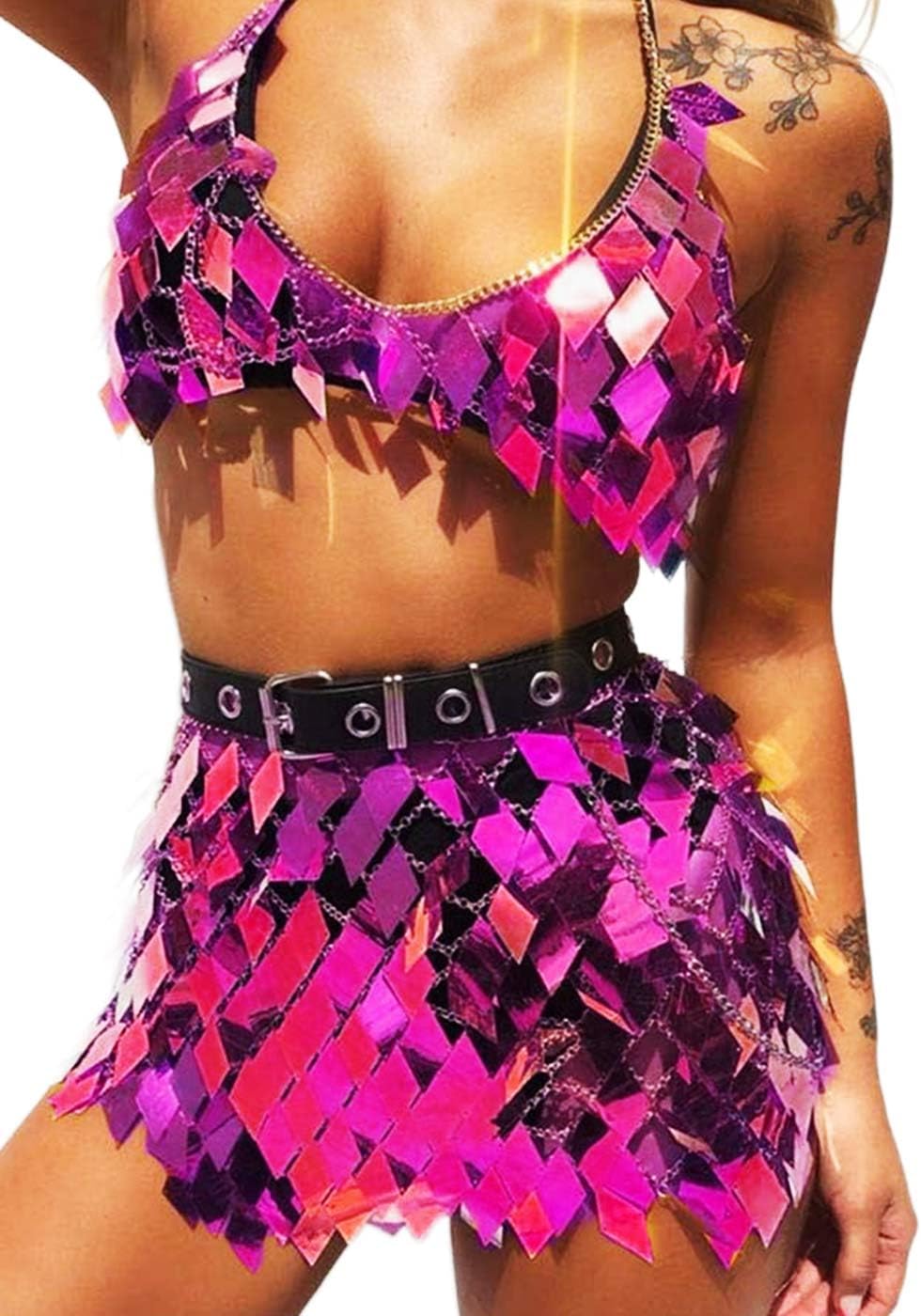 Aukmla Women Sequin Rave Outfits Dance Body Chain Skirt with Top Nightclub Outfit