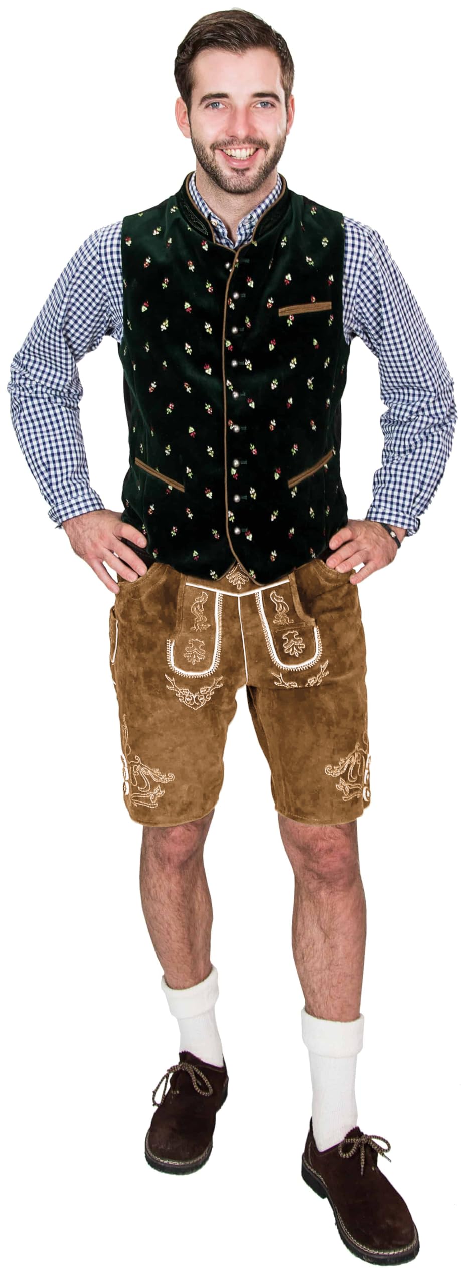 Bawarskie męskie spodnie skórzane krótkie, eleganckie spodnie ze skóry ludowej z ramiączkami, oryginalne w kolorze ciemnobrązowym/średniobrązowym, Oktoberfest, rozmiar 44-60