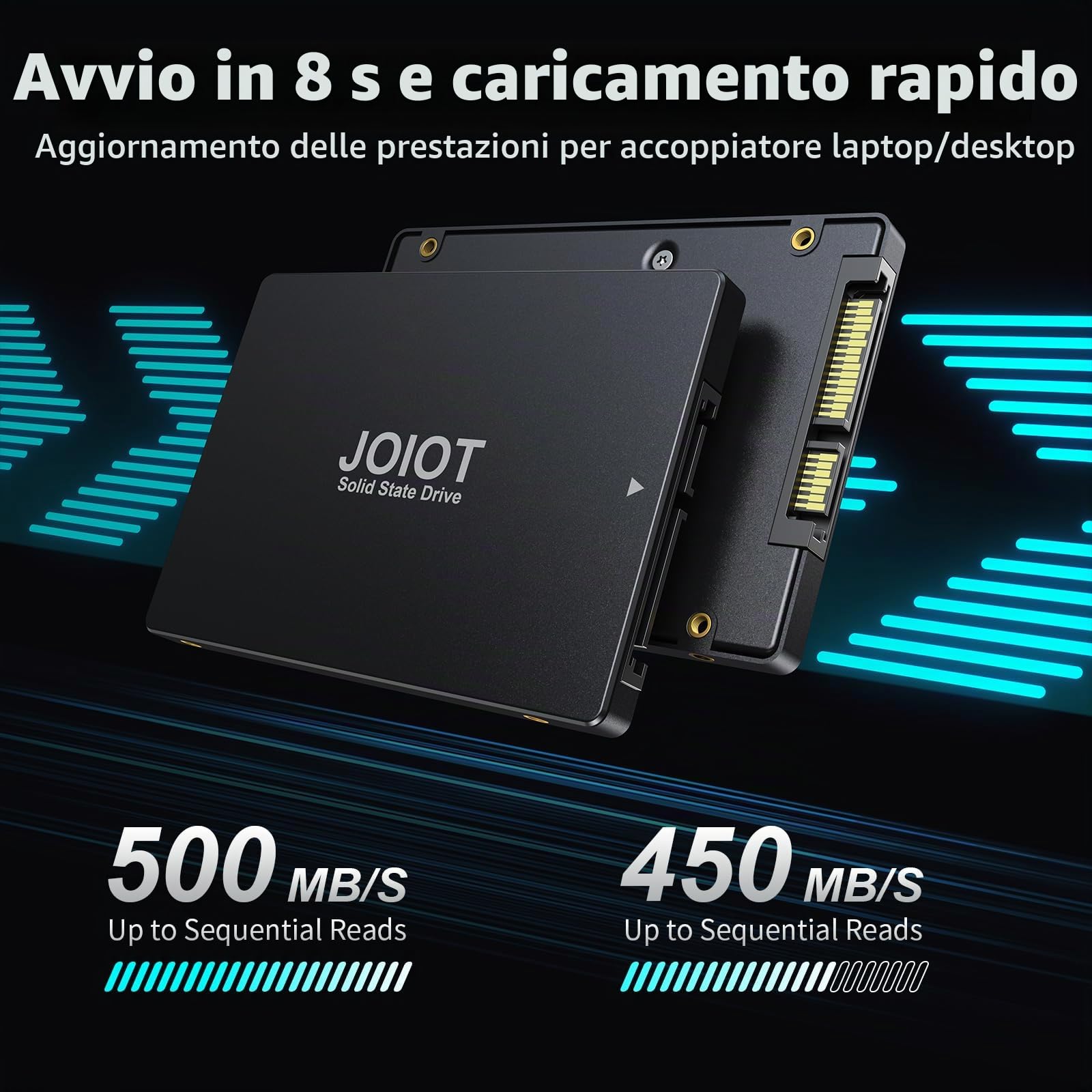 JOIOT SSD Interno 512GB Hard Disk Interno Fino a 500MB/s in Lettura 450MB/s in Scrittura Interno SSD 500gb SATA III 2.5 Pollici Unità a Stato Solido Interne Compatibile con Laptop e PC Desktop Nero