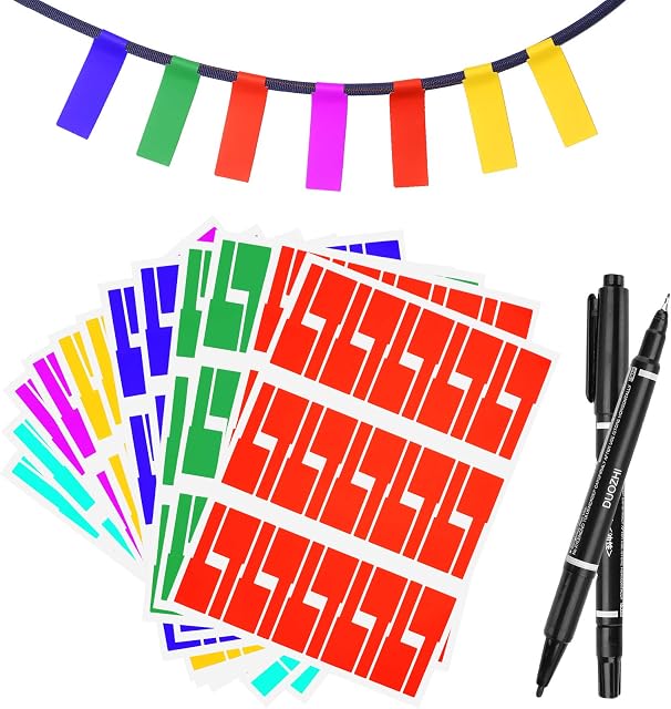 JatilEr 480PCS Cable Labels, Self-Adhesive Cable Markers Waterproof Tear Resistant Wire Labels Cable Tags Stickers Support Handwriting and Laser Printing - 8 Colors 16 Sheets (with 2 Writing Tools)
