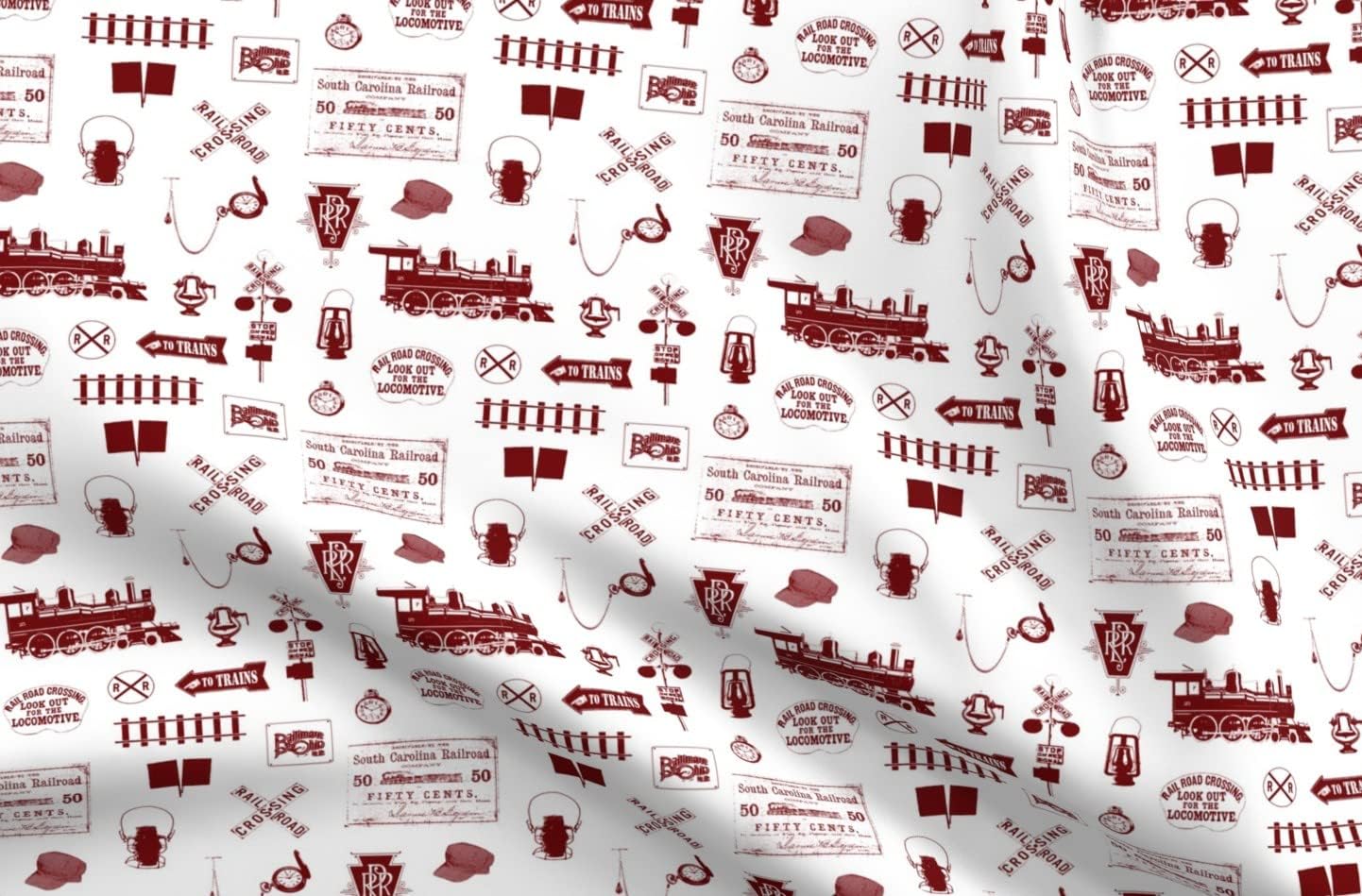 Spoonflower Fabric - Maroon Railroad Small Train Steam Masculine Printed on Minky Fabric by The Yard - Sewing Baby Blankets Quilt Backing Plush