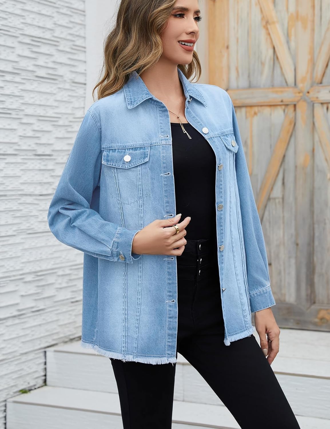 Women's Denim Jacket Long Sleeve Button Down Jean Jackets Frayed Hem Western Shirts with Pockets - Image 2