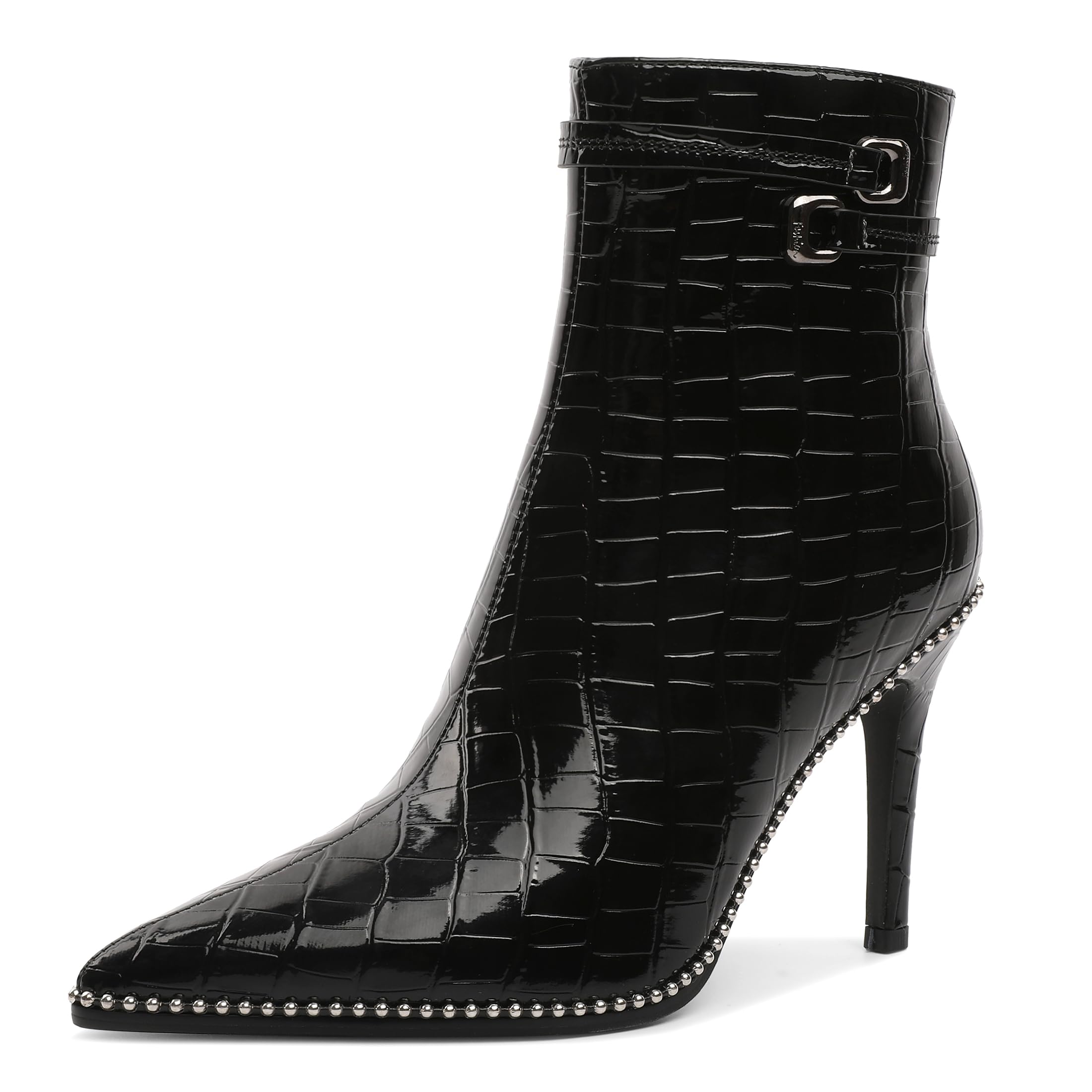 Soireelady Womens Ankle Boots Pointed Toe Thin High Heel Boots Beaded Stilettos Booties Short Boots with Metal Buckle