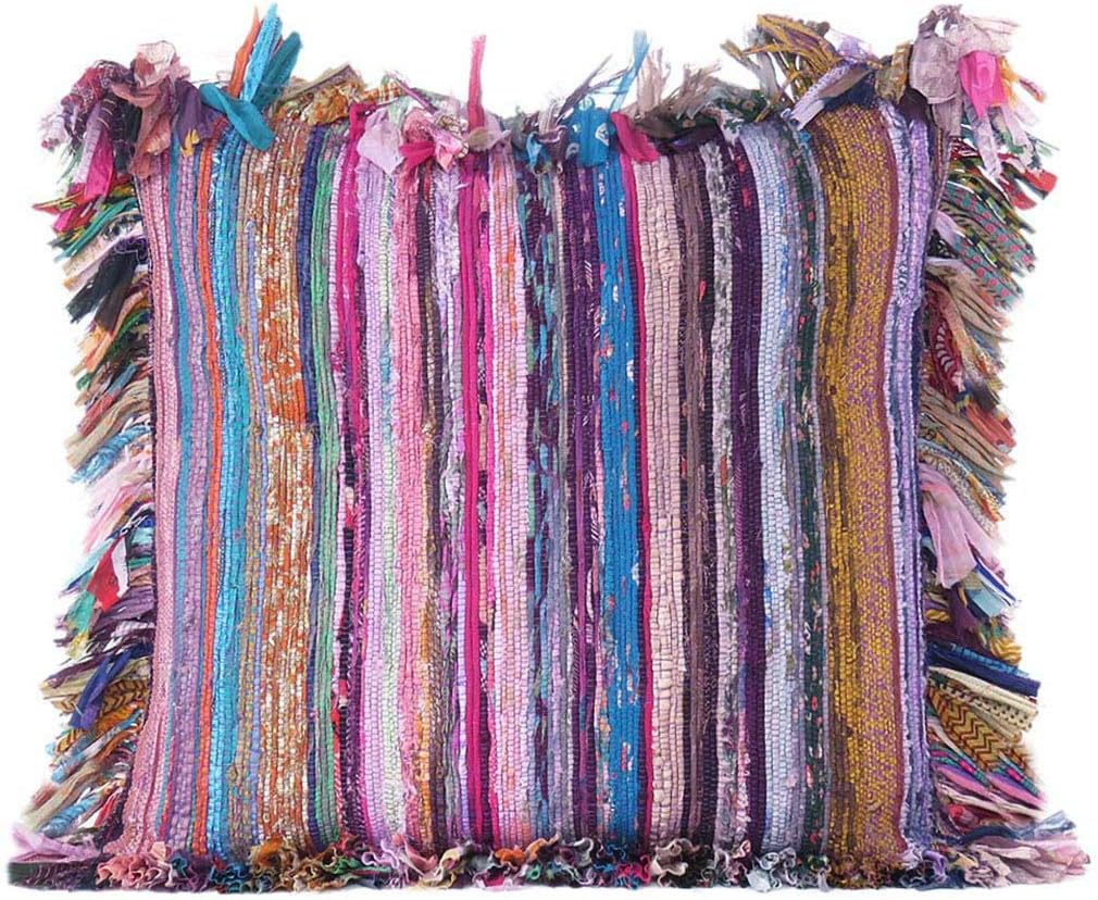 MAM Treasures Indian Pillow Throw Cover Indian Cushion Cover Boho Pillow Cushion Bohemian Striped Pillow Hand Woven Chindi Throw Pillow Sofa Pillow Cover (20X20 Inch, Purple)