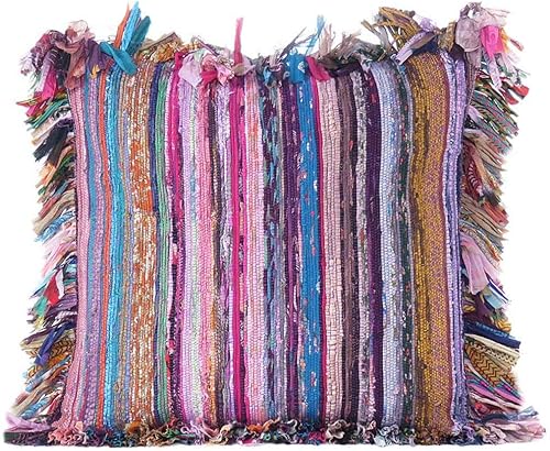 Miniatura 5 de MAM Treasures - Funda de cojín colorida Chindi bohemia, alfombra de trapo decorativa, hecha a mano, para sofá, cama, sala de estar, 16 x 16 pulgadas