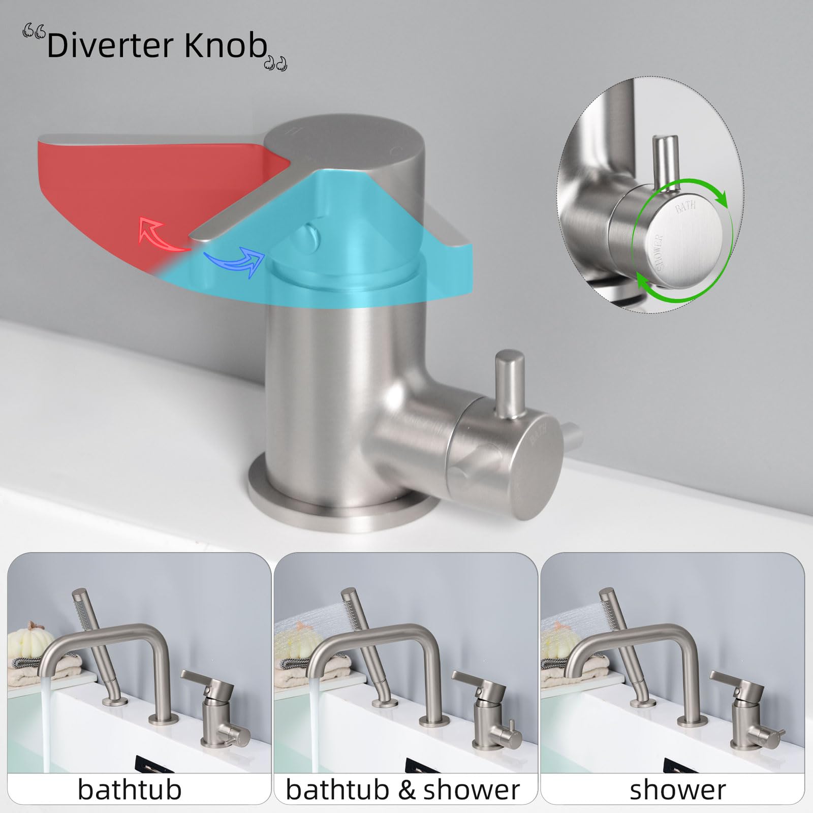Grifo Bañera 3 Agujeros, Baño Ducha Mezclador con Giratorio de 360°, Grifo de Bañera 3 Orificios, para Borde de Bañera, Cepillado, 11Y2OK
