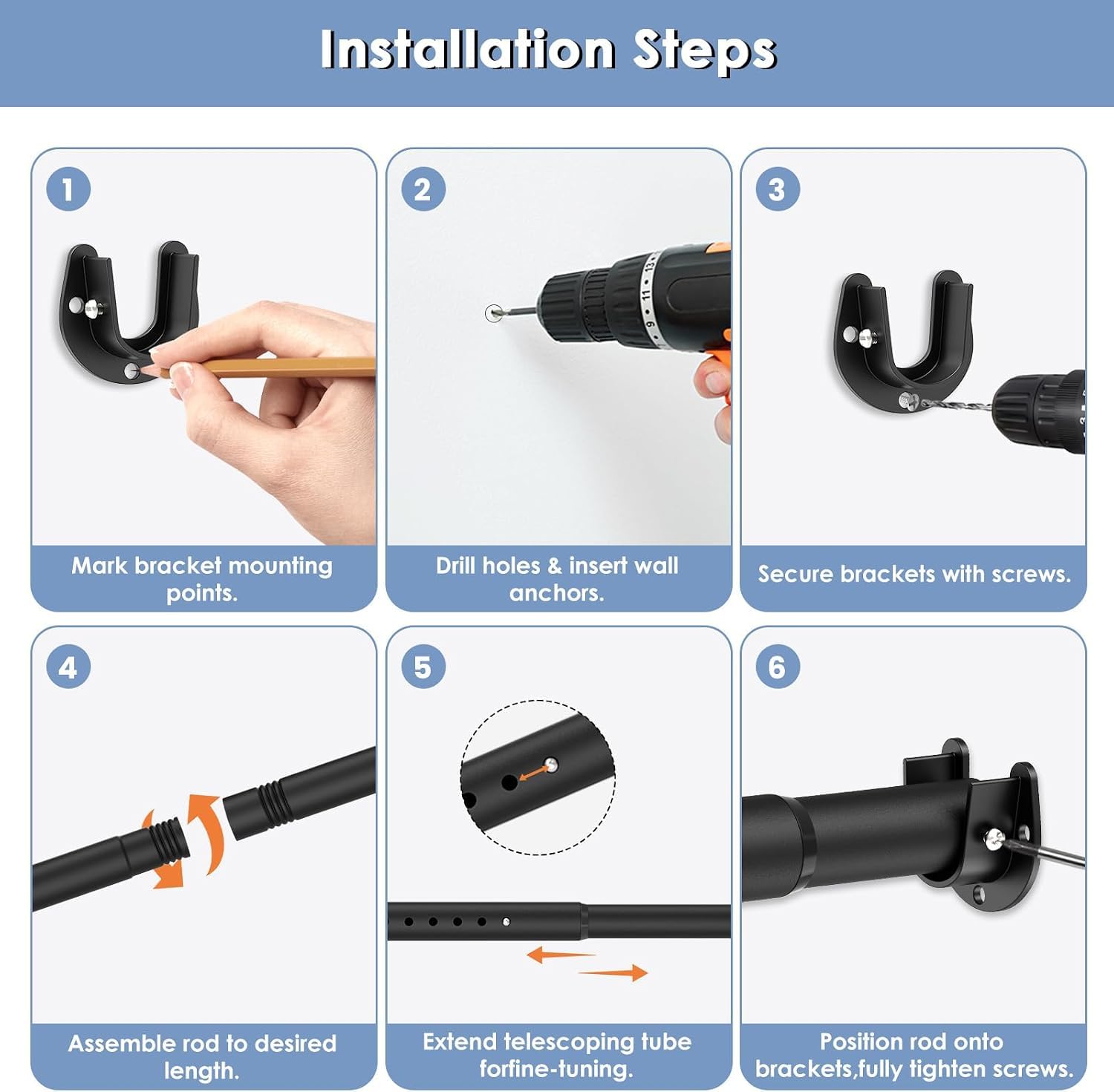 Asta appendiabiti estensibile per armadio, 32 mm, nera, 74-223 cm | Resistente, prese terminali e viti incluse, facile installazione, supporto forte, per armadi, balconi, bagni