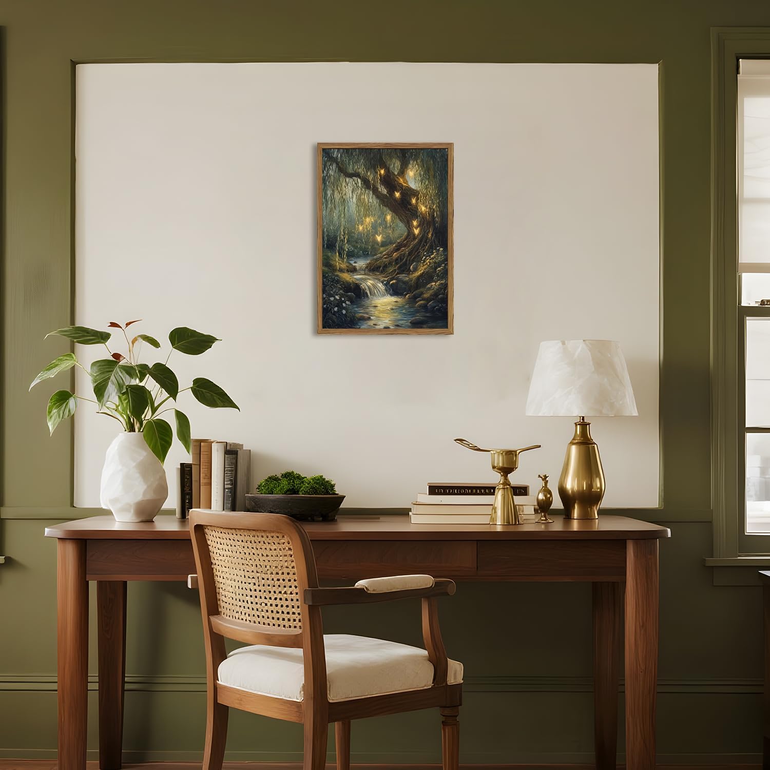 Vintage Forest Fairy Wall Art Whimsical Cottagecore Tree Fairy Wall Decor Painting Magical Landscape 3D Texture Hand Drawn Sandstone Artwork for Bedroom Living Room 12x16 inch Wood Framed