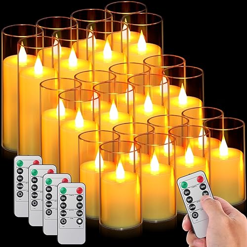 24 velas parpadeantes sin llama, velas LED de pilar con 4 controles remotos que funcionan con pilas para interiores y exteriores, velas falsas