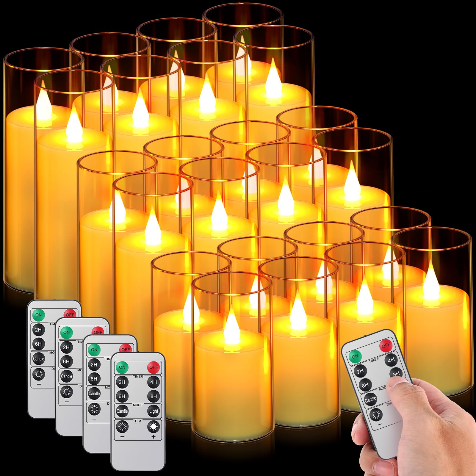 Retisee 24 Pcs Flickering Flameless Candles LED Pillar Candles with 10 Remote Battery Operated Outdoor Indoor Electric Fake Candles for Wedding Halloween Christmas Party, D 2'' x H 4'' 5'' 6'' (Clear)