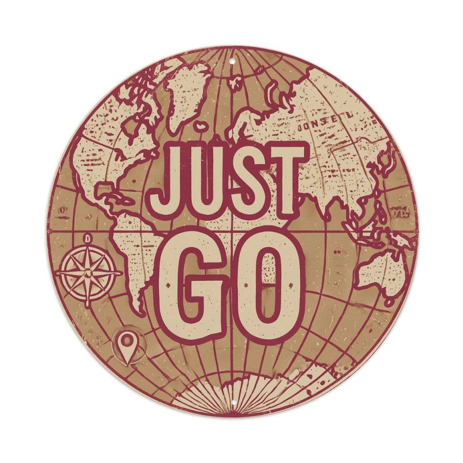 Vintage World Map with Compass Just Go Quest Metal Tin Sign