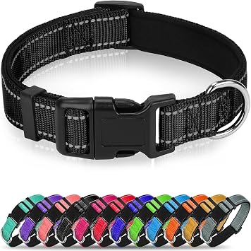 Reflective Dog Collar for Large Dogs with Quick Release Buckle | Comfortable Padded Lining, Stay Safe at Night, Easy On/Off, Metal D-Ring, Adjustable Fit, for Walking, Black