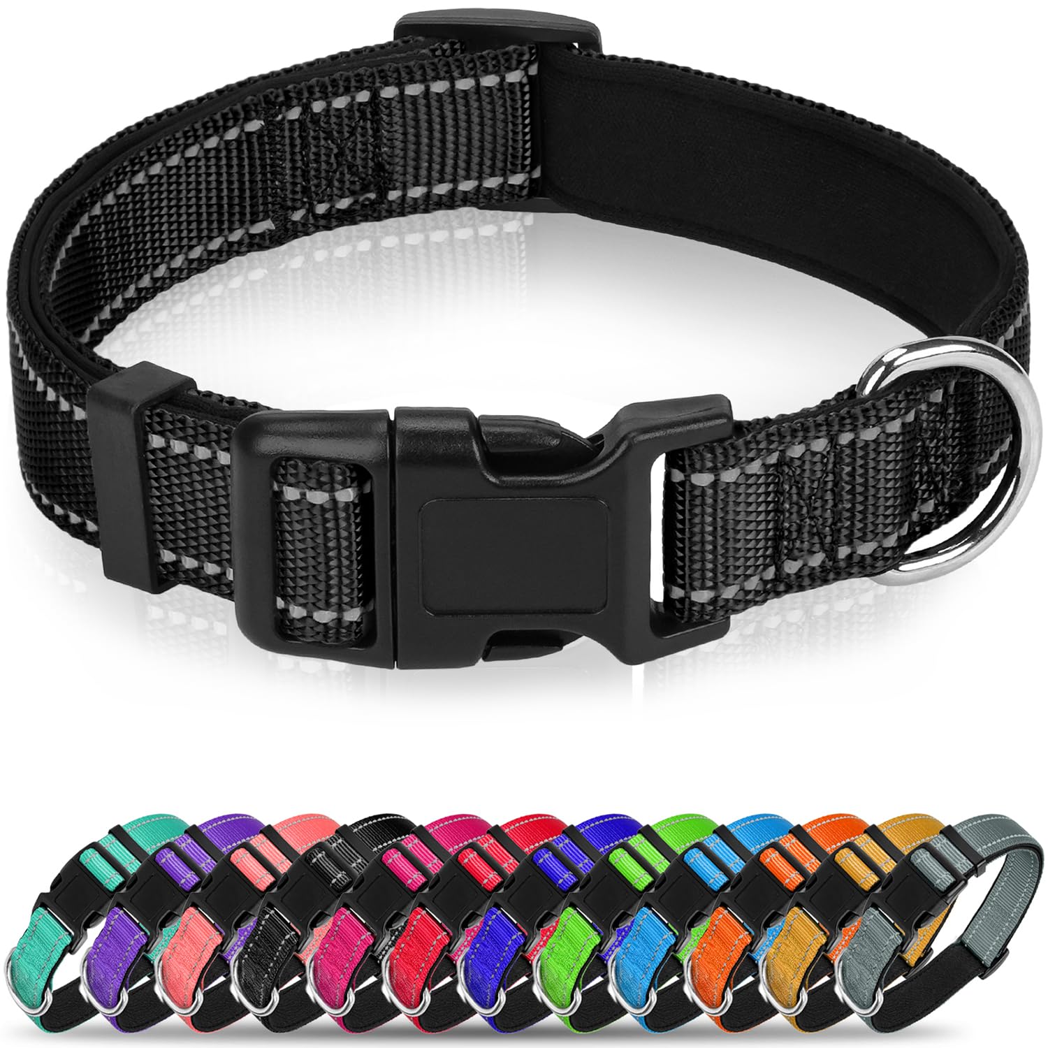 Erbine Reflective Dog Collar, Soft Neoprene Padded for All Day Comfort, Quick Release Nylon Pet Collar Adjustable for Extra Large Dogs,Black,XL
