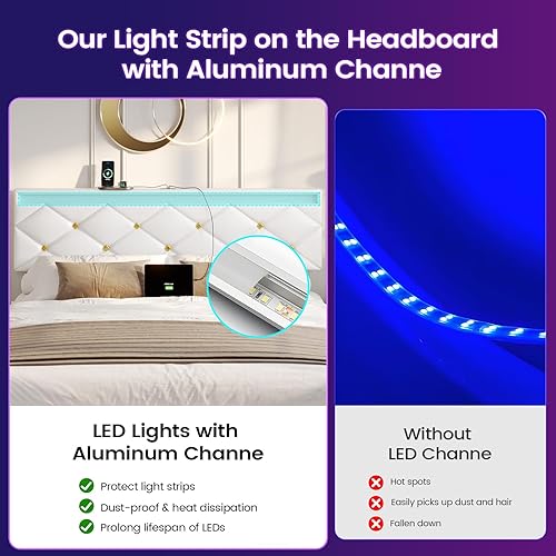 Miniatura 15 de Hasuit Base de cama flotante tamaño Queen con luces LED y estación de carga, moderna cama de plataforma Queen con cabecera tapizada de cuero vegano,