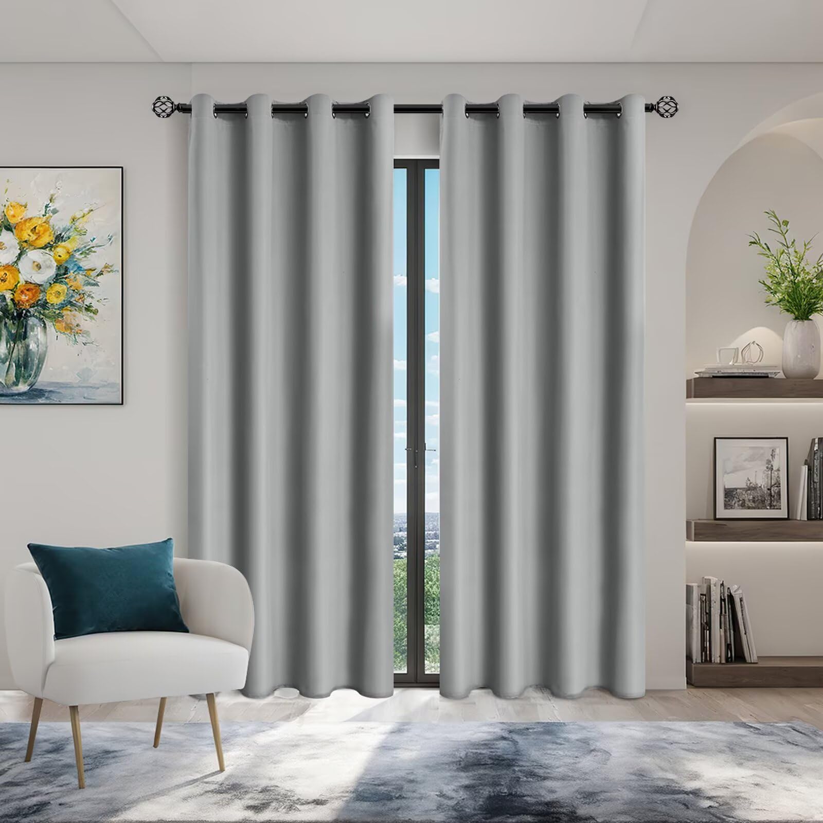 SSWH Rideau Occultant avec Œillets, Rideaux Thermique Isolant Anti UV, Rideau Chambre Couleur Unie avec Doublure Noire (Gris Clair, 90 x 200 cm)