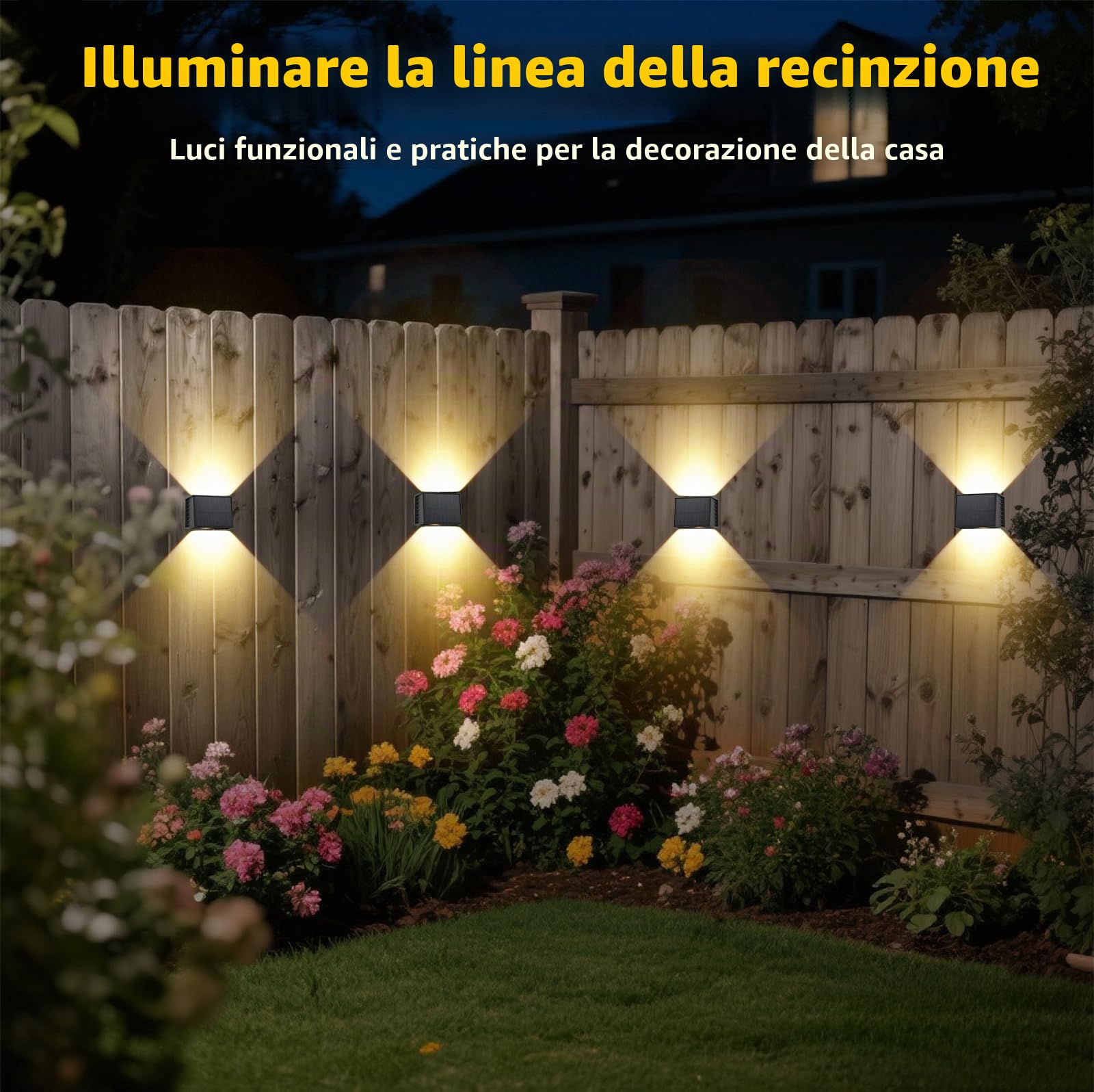 T-SUN Lampada Solare da Esterno 4 Pezzi, Applique da Esterno Solare Angoli Del Fascio Superiore e Inferiore 3000K Bianco Caldo, Luci Solari da Giardino Impermeabile per Recinzione da Giardino Parete