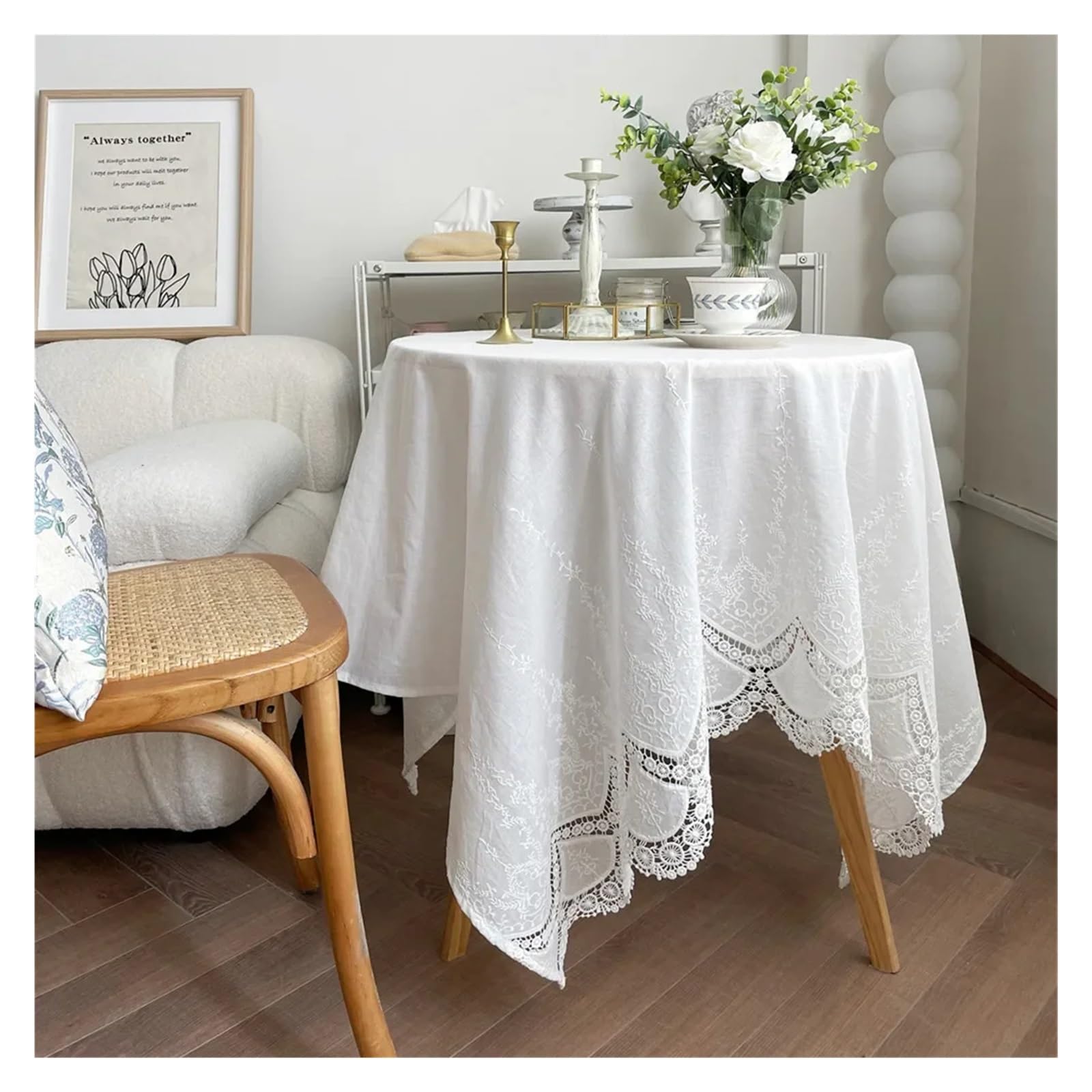 Mantel de Navidad White Lace Flower Embroidery Cotton Tablecloth Luxurious Table Cover For Wedding Party Decoration Feast Cloth(135x200cm)