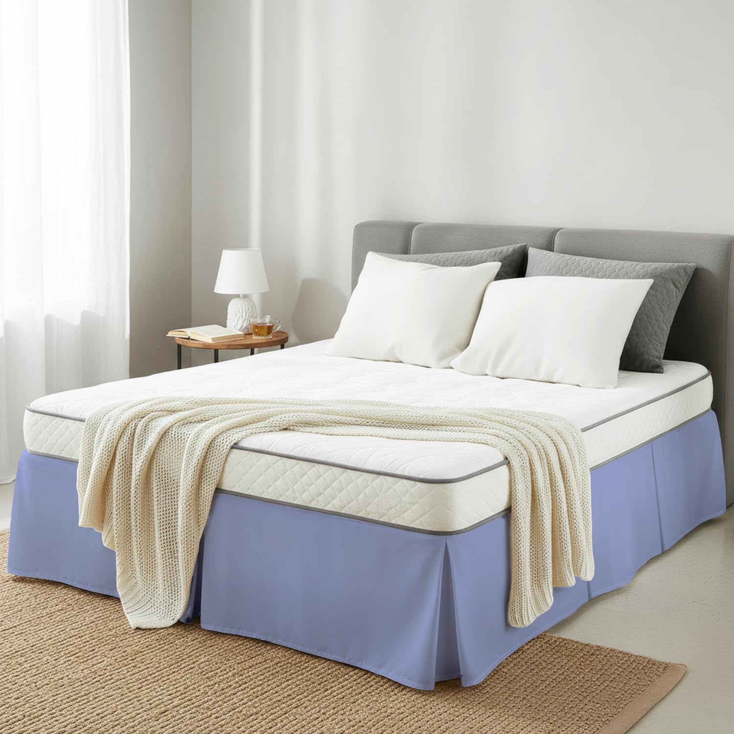 Base Valance Sheet Blue, Single, 100% Pure Cotton, Perfectly Fits Under the Mattress, Pleated Base Bed Skirt +35cm Drop Size: 90 x 190 +35cm